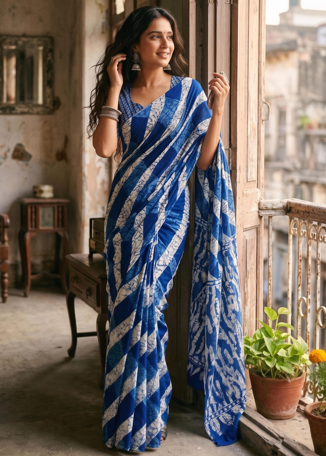 Blue Soft Pure Soft Mulmul Cotton Batik Hand Block Print Cotton Saree 
