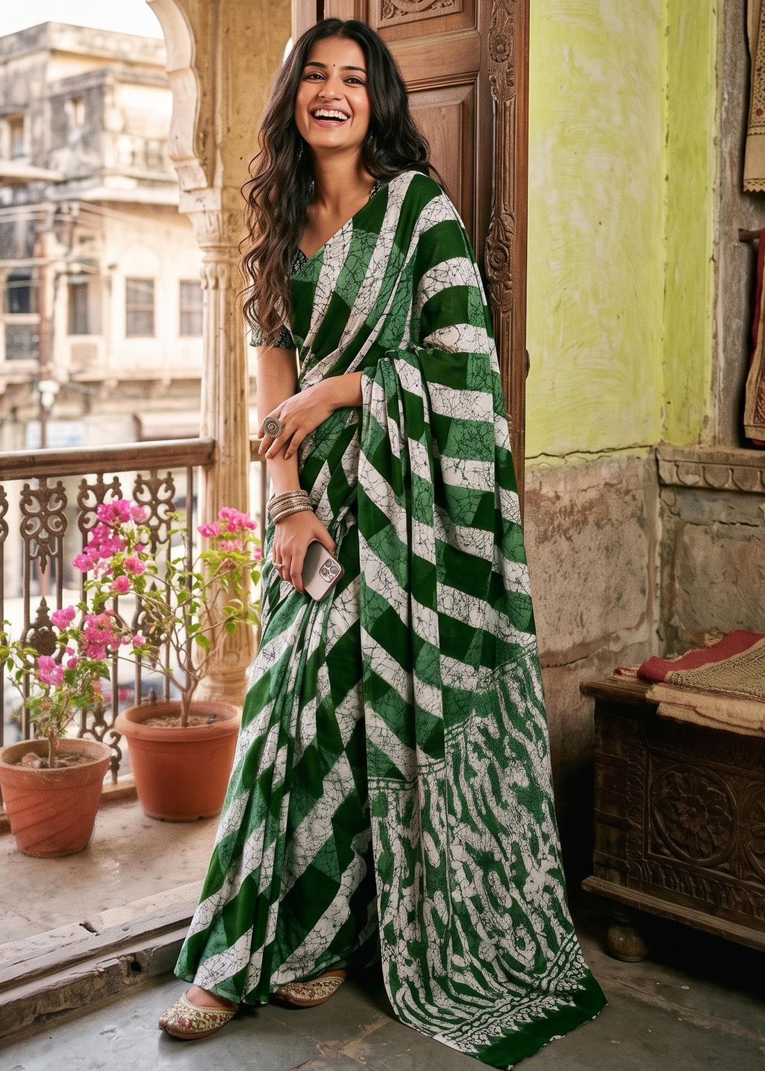 Green Soft Pure Soft Mulmul Cotton Batik Hand Block Print Cotton Saree 