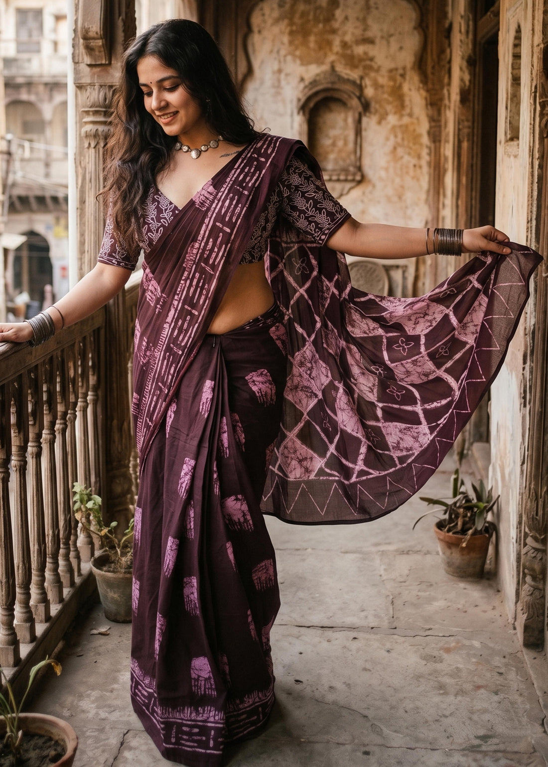 Wine Soft Pure Soft Mulmul Cotton Batik Hand Block Print Cotton Saree 