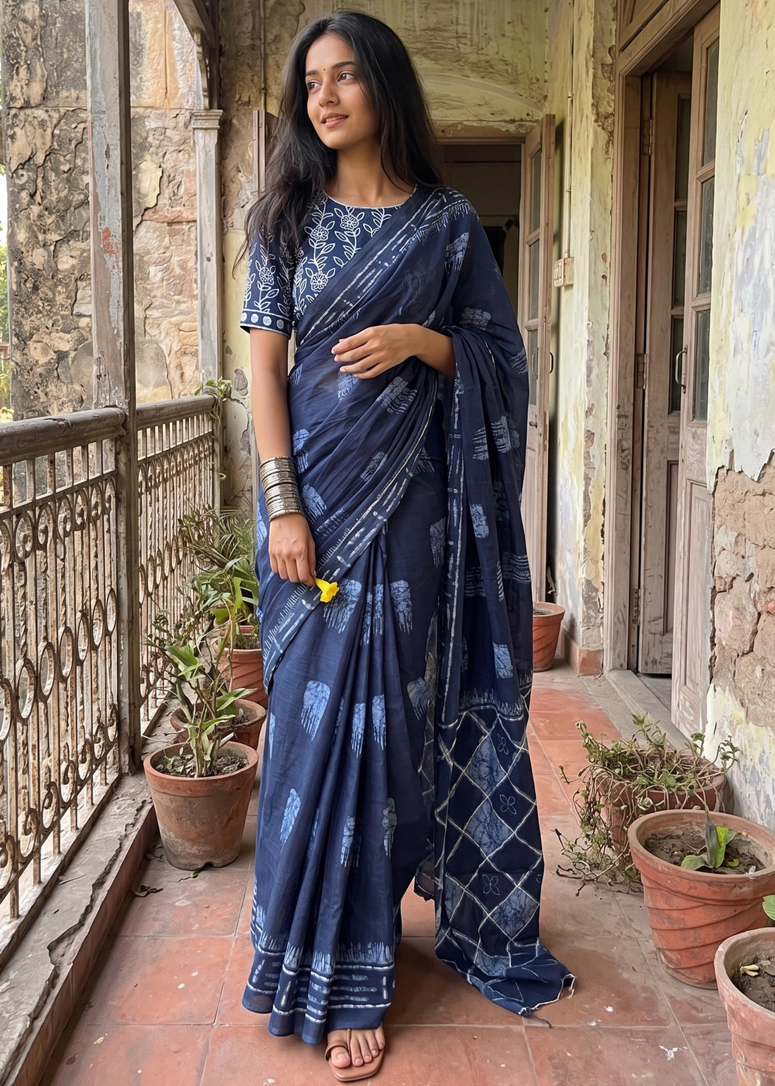 Blue Soft Pure Soft Mulmul Cotton Batik Hand Block Print Cotton Saree 