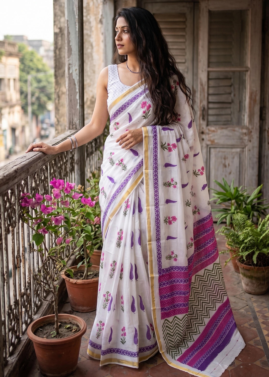 White Soft Pure Soft Mulmul Cotton Bagru Block Print Cotton Saree 