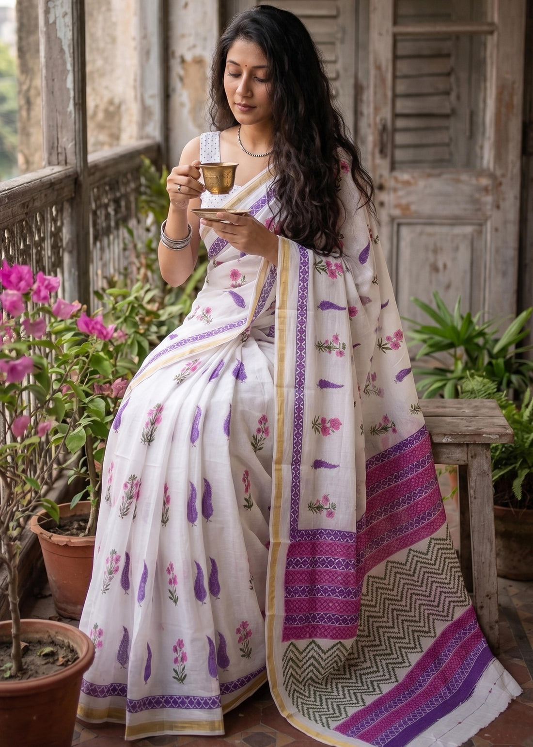 White Soft Pure Soft Mulmul Cotton Bagru Block Print Cotton Saree 