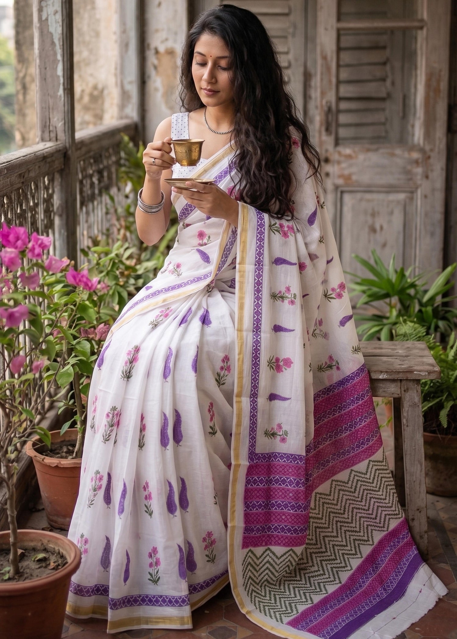 White Soft Pure Soft Mulmul Cotton Bagru Block Print Cotton Saree 