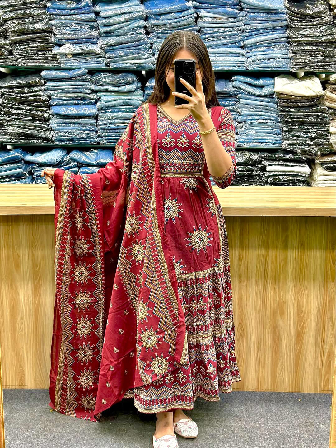 Red Pure Cotton 60x60 Kurti Pant Dupatta Set 