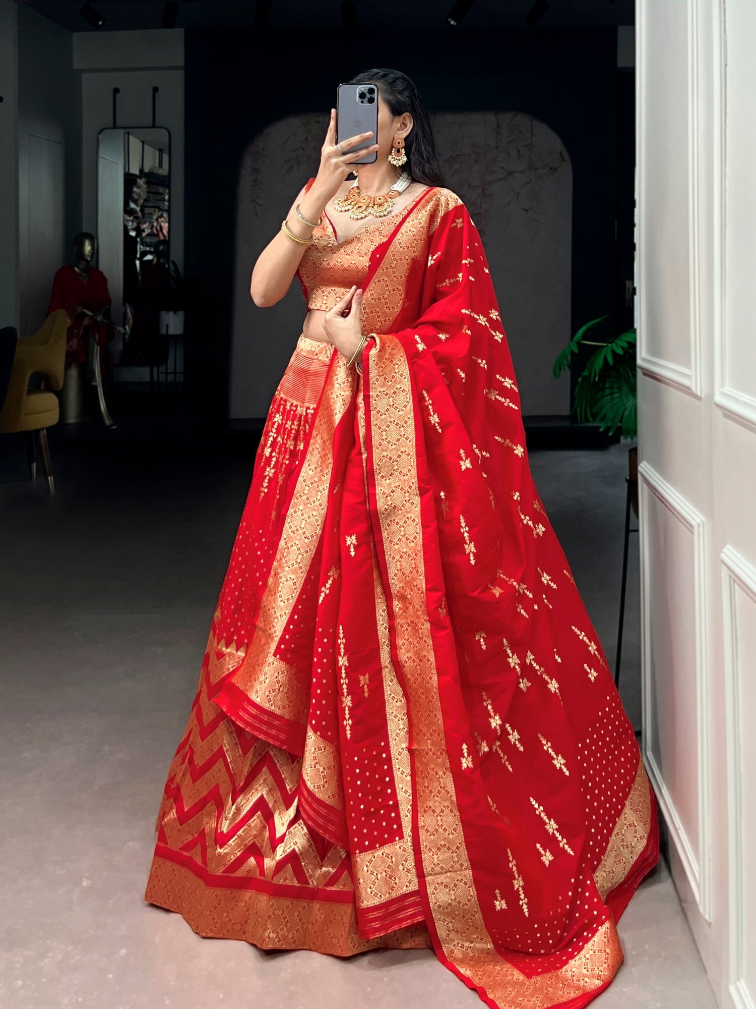 Red Pure Soft Silk Zari Weaving Work Lehenga Choli 