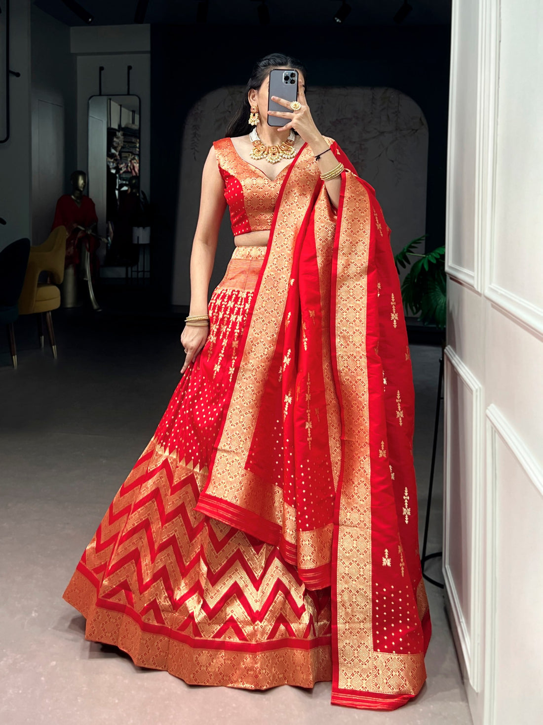 Red Pure Soft Silk Zari Weaving Work Lehenga Choli 
