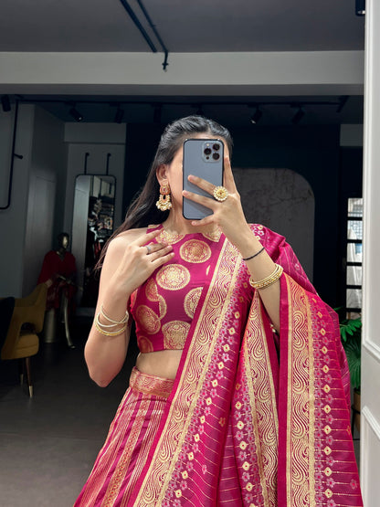 Pink Pure Soft Silk Zari Weaving Work Lehenga Choli 