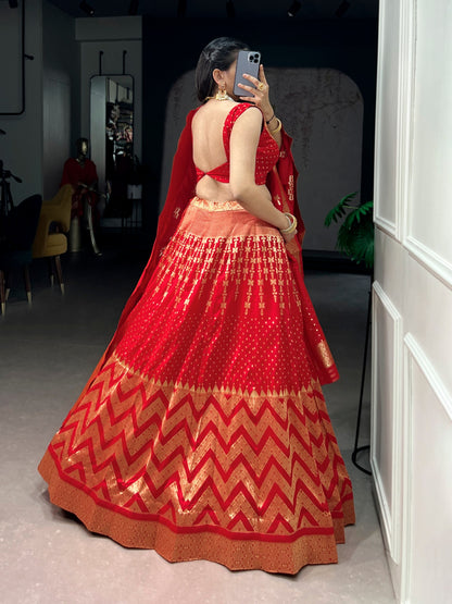 Red Pure Soft Silk Zari Weaving Work Lehenga Choli 