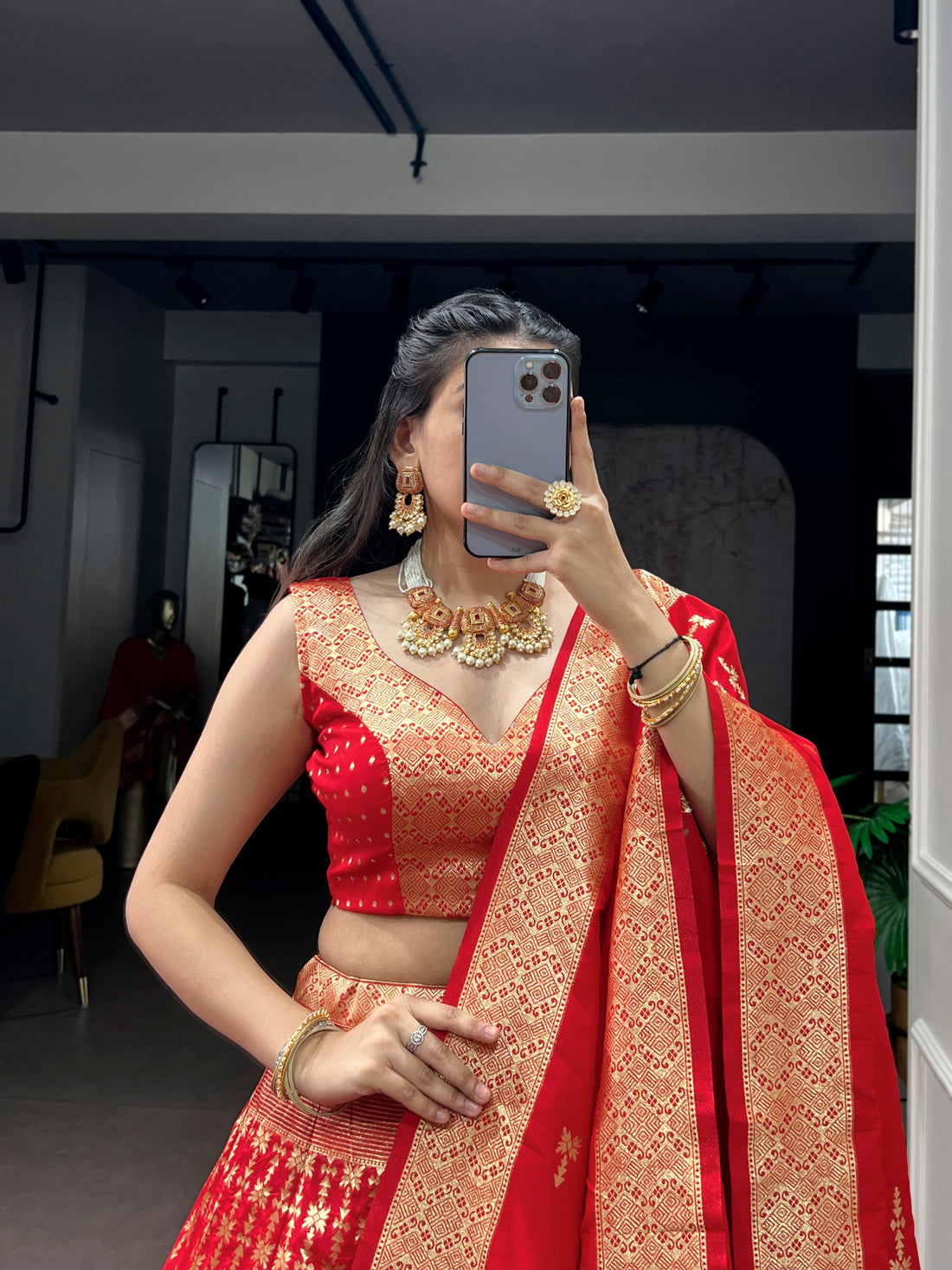 Red Pure Soft Silk Zari Weaving Work Lehenga Choli 