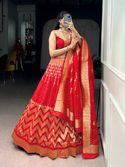 Red Pure Soft Silk Zari Weaving Work Lehenga Choli 