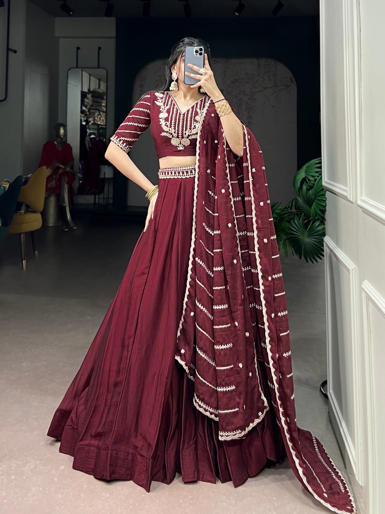 Maroon Pure Soft Rangoli Crush Sequins and Thread Embroidery Work Lehenga Choli 