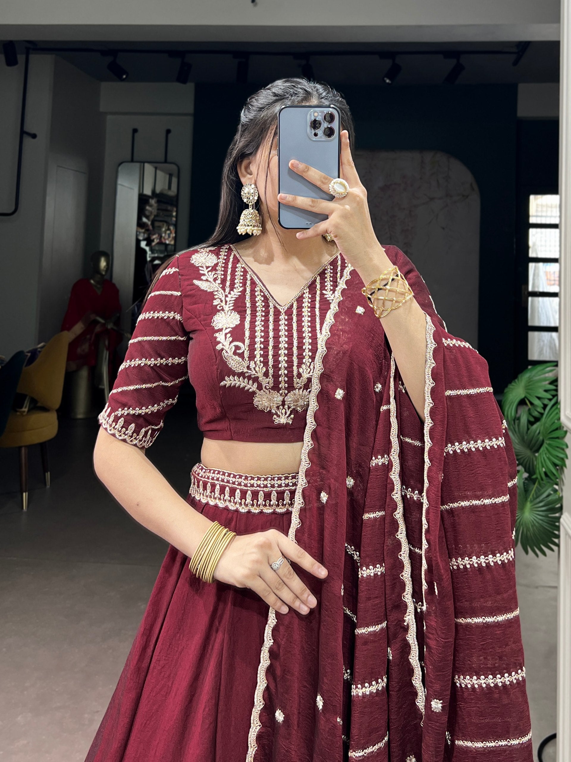 Maroon Pure Soft Rangoli Crush Sequins and Thread Embroidery Work Lehenga Choli 
