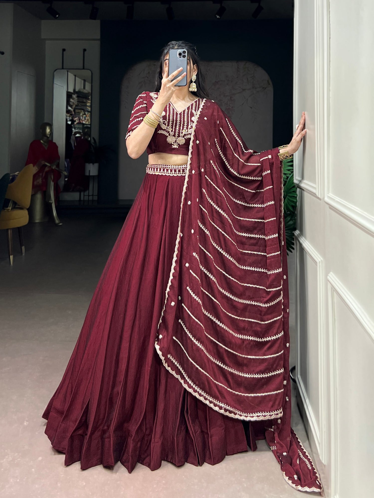 Maroon Pure Soft Rangoli Crush Sequins and Thread Embroidery Work Lehenga Choli 