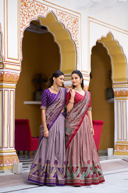 Purple Pure Tasar Silk Printed Lehenga Choli 