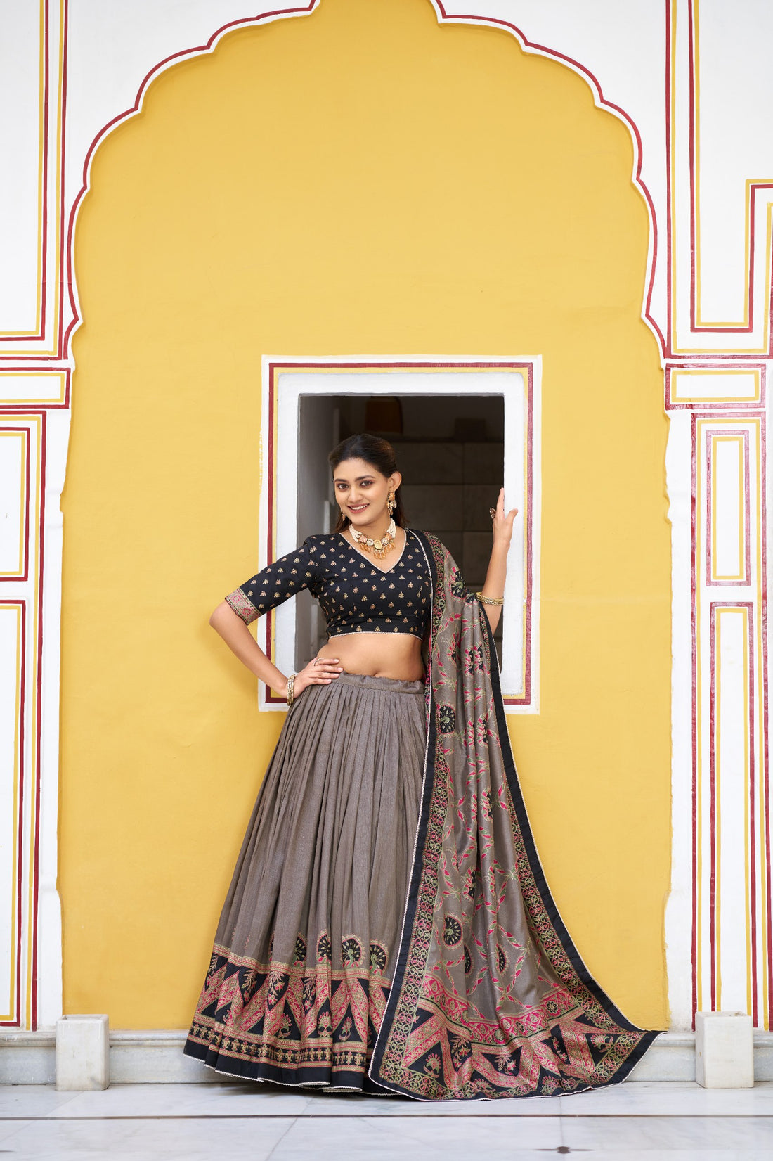 Black Pure Tasar Silk Printed Lehenga Choli 