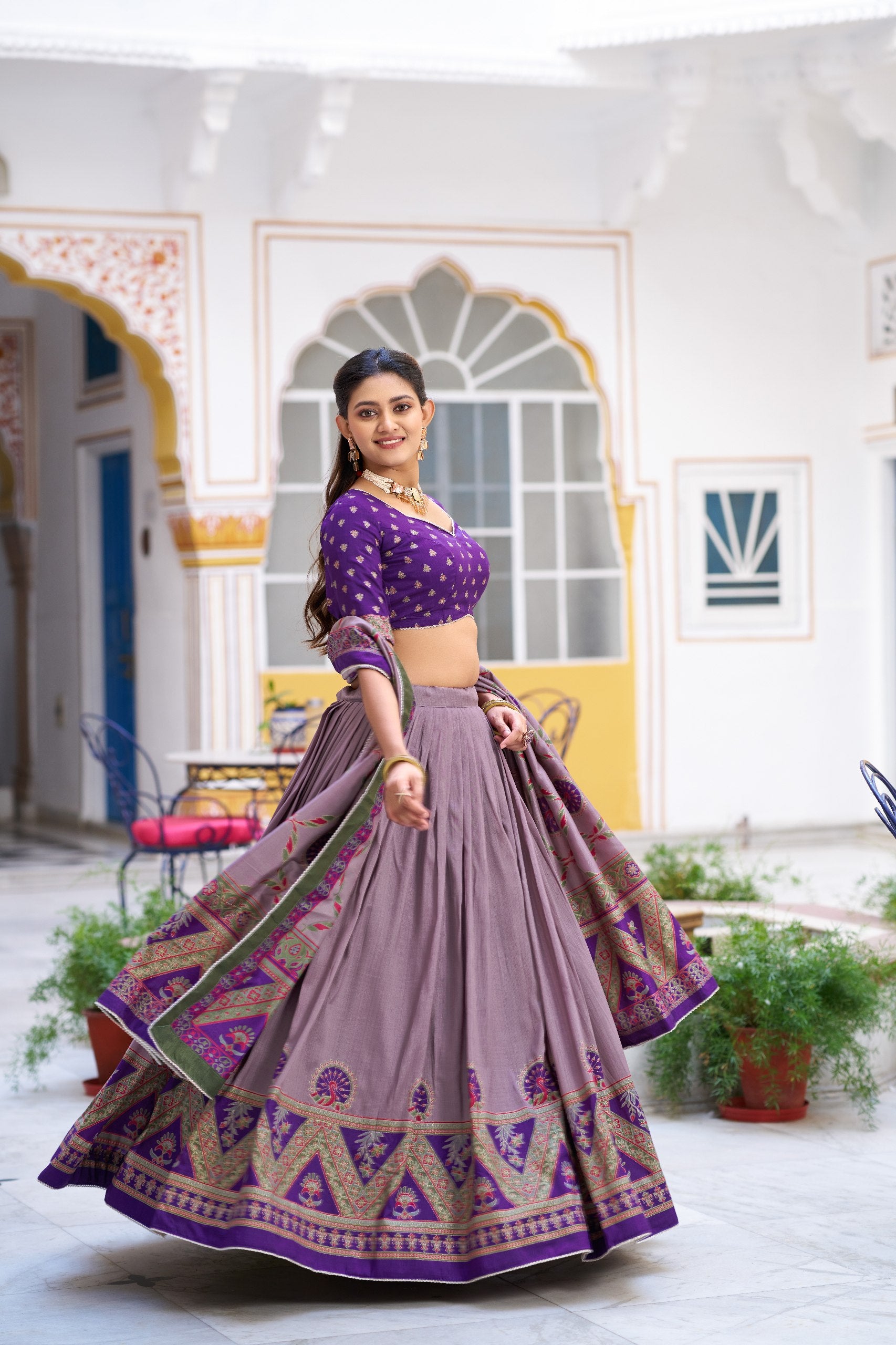 Purple Pure Tasar Silk Printed Lehenga Choli 