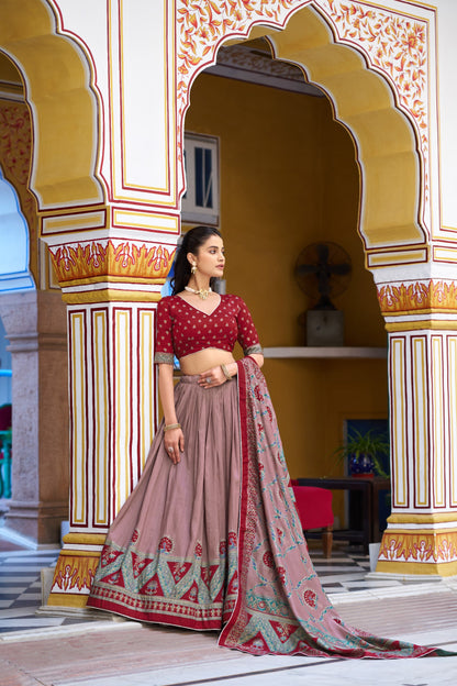 Maroon Pure Tasar Silk Printed Lehenga Choli 