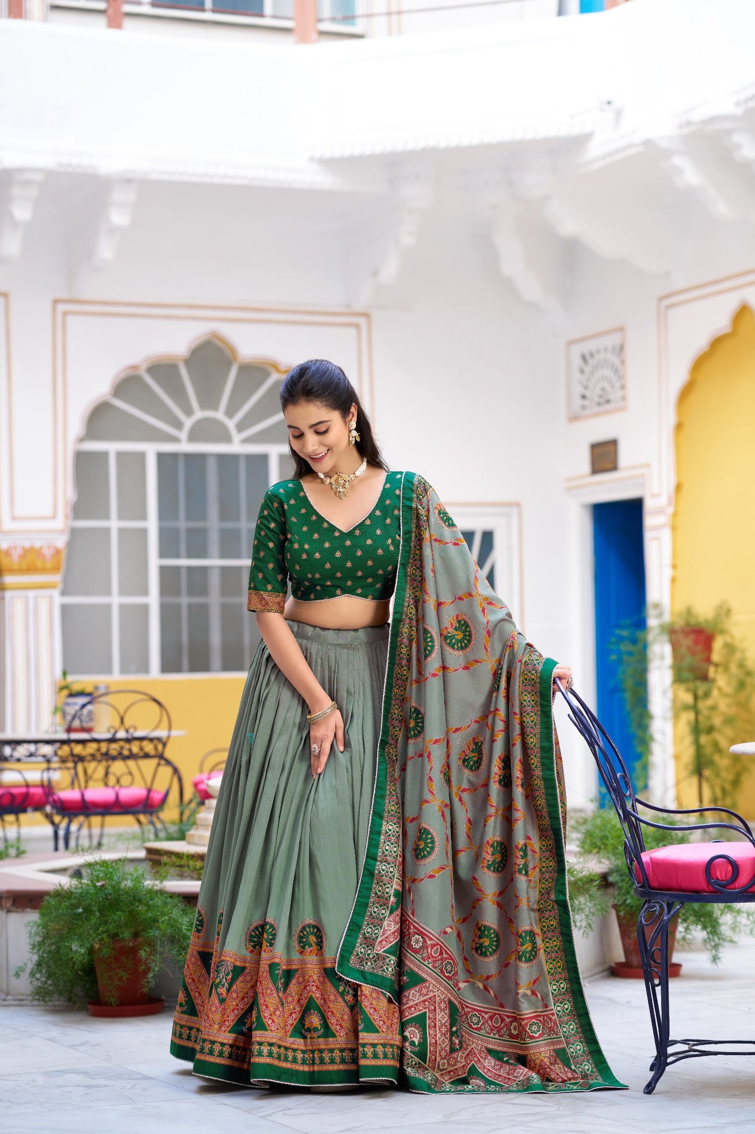 Green Pure Tasar Silk Printed Lehenga Choli 