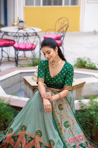 Green Pure Tasar Silk Printed Lehenga Choli 