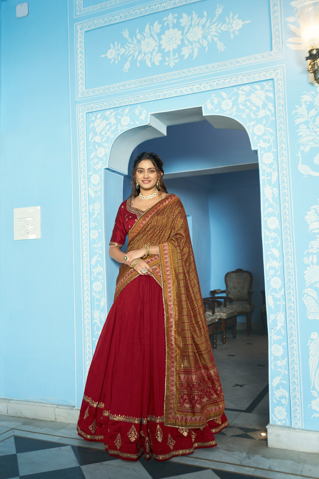Maroon Pure Vichitra Silk Sequins and Thread Embroidery Work Lehenga Choli 