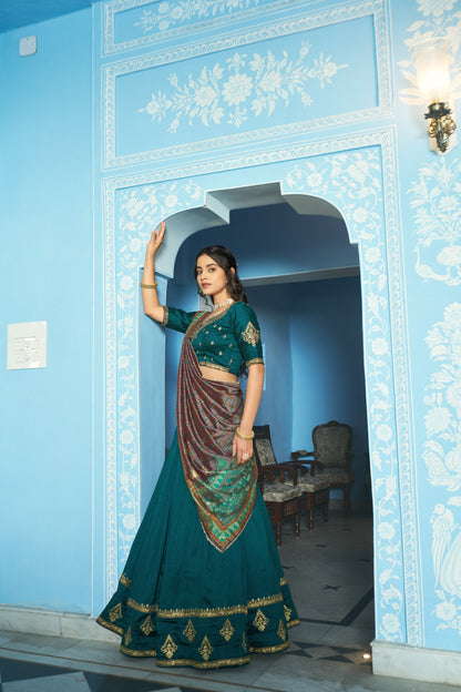 Teal Pure Vichitra Silk Sequins and Thread Embroidery Work Lehenga Choli 