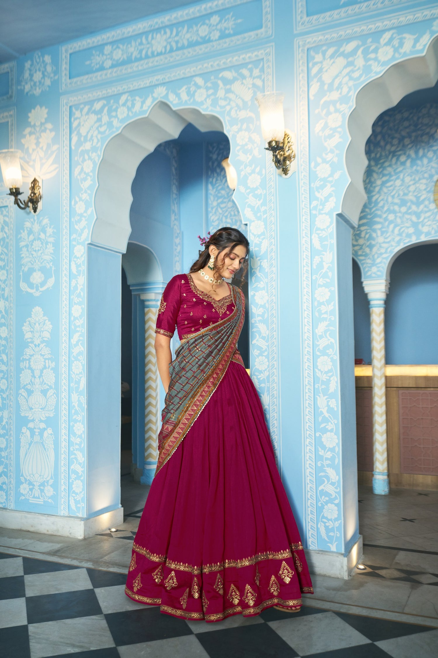Rani Pink Pure Vichitra Silk Sequins and Thread Embroidery Work Lehenga Choli 