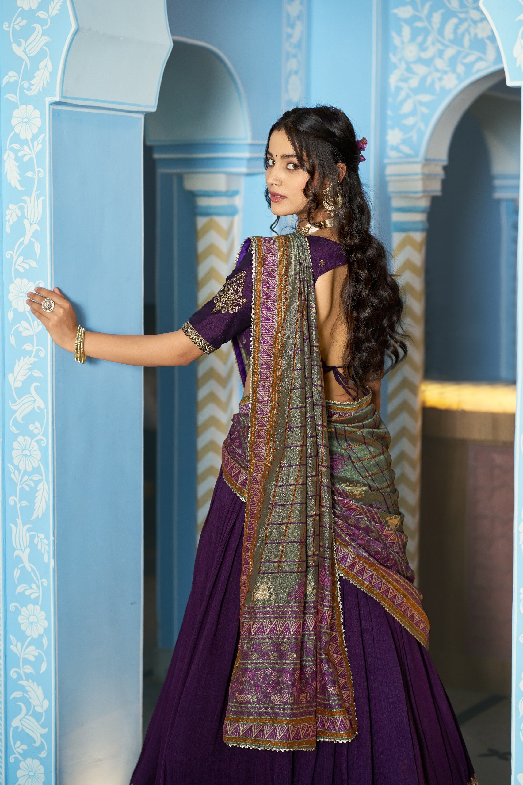 Purple Pure Vichitra Silk Sequins and Thread Embroidery Work Lehenga Choli 