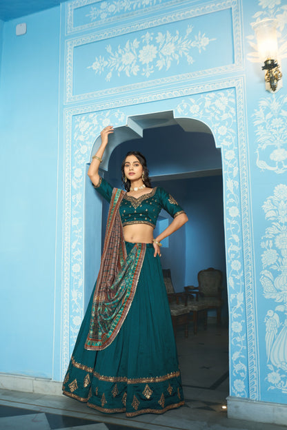 Teal Pure Vichitra Silk Sequins and Thread Embroidery Work Lehenga Choli 