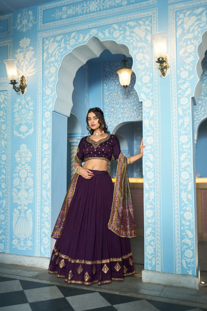 Purple Pure Vichitra Silk Sequins and Thread Embroidery Work Lehenga Choli 