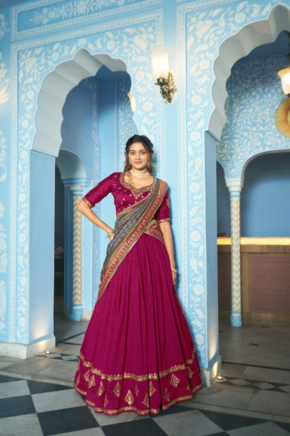 Rani Pink Pure Vichitra Silk Sequins and Thread Embroidery Work Lehenga Choli 