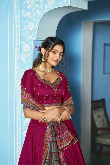 Rani Pink Pure Vichitra Silk Sequins and Thread Embroidery Work Lehenga Choli 