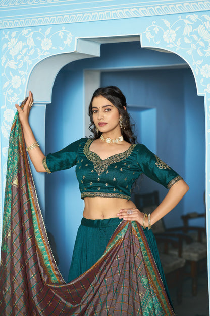 Teal Pure Vichitra Silk Sequins and Thread Embroidery Work Lehenga Choli 