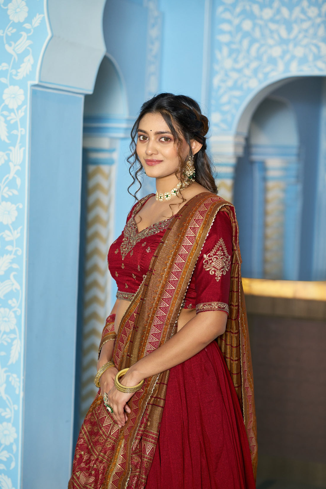 Maroon Pure Vichitra Silk Sequins and Thread Embroidery Work Lehenga Choli 