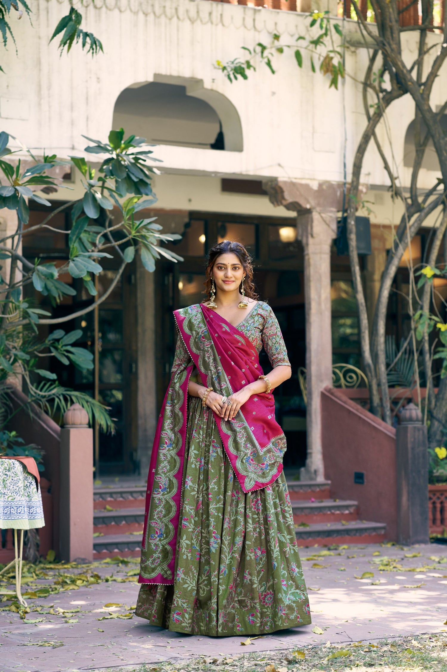 Green Pure Tasar Silk Gilded Motif Foil Printed Lehenga Choli 