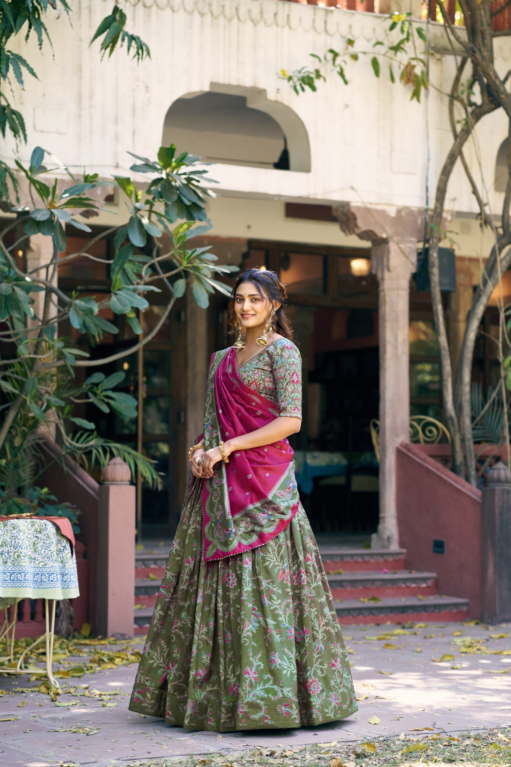 Green Pure Tasar Silk Gilded Motif Foil Printed Lehenga Choli 