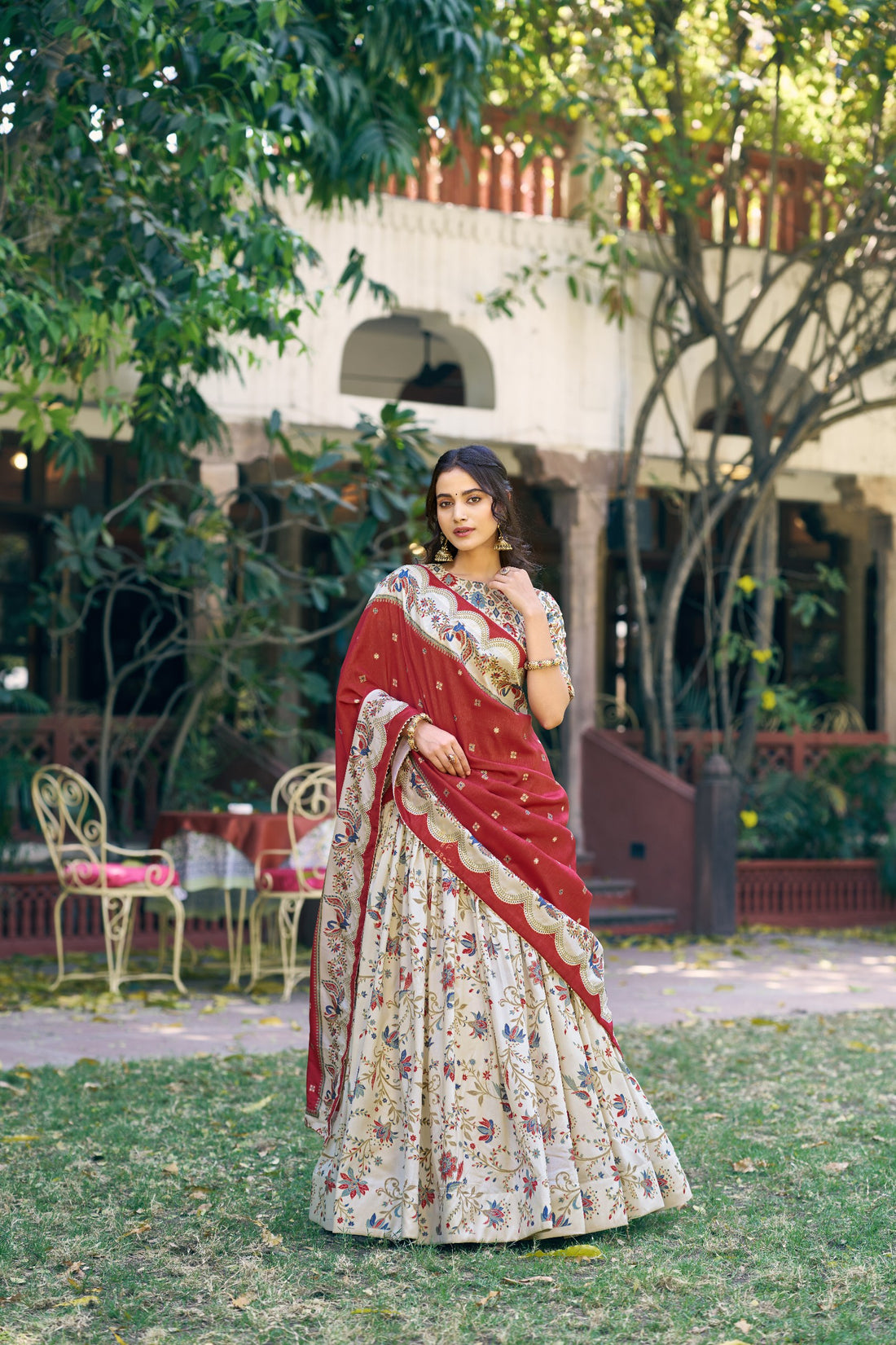Off White Pure Tasar Silk Gilded Motif Foil Printed Lehenga Choli 