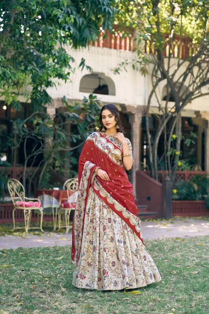 Off White Pure Tasar Silk Gilded Motif Foil Printed Lehenga Choli 