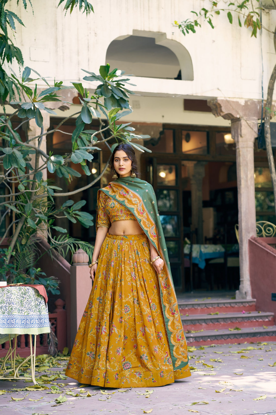 Mustard Pure Tasar Silk Gilded Motif Foil Printed Lehenga Choli 