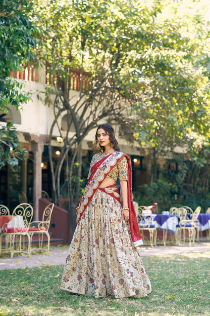 Off White Pure Tasar Silk Gilded Motif Foil Printed Lehenga Choli 