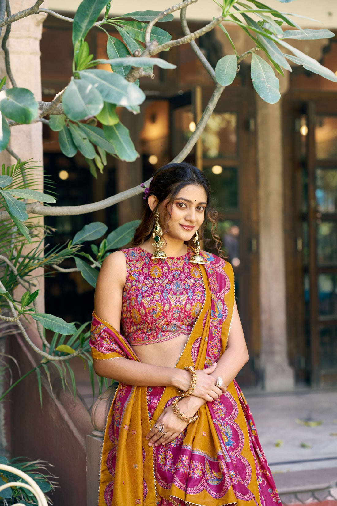 Pink Pure Tasar Silk Gilded Motif Foil Printed Lehenga Choli 