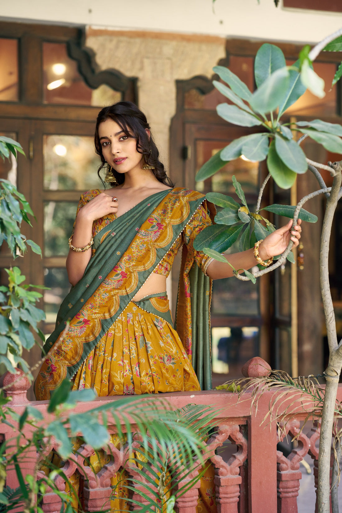Mustard Pure Tasar Silk Gilded Motif Foil Printed Lehenga Choli 
