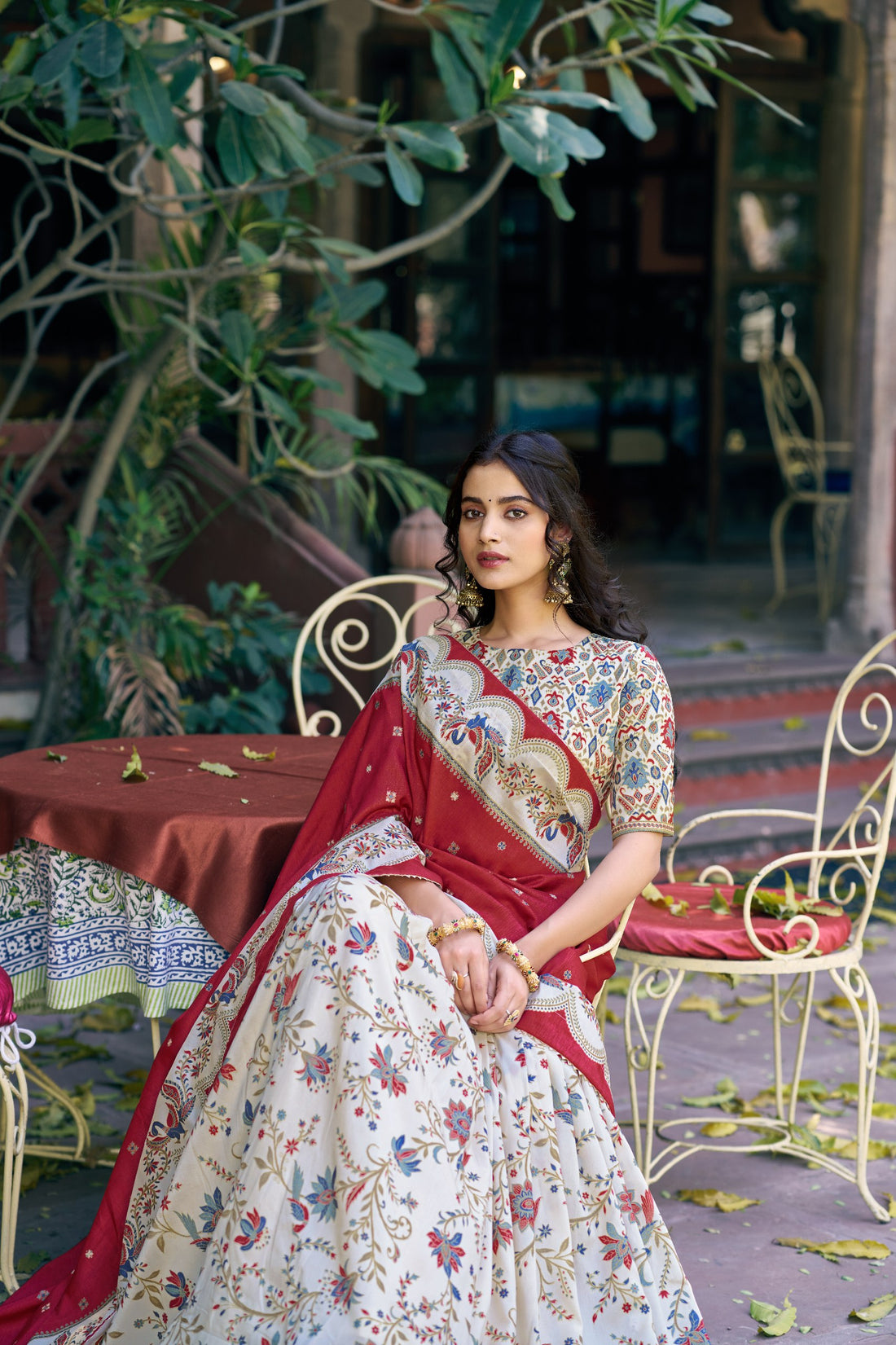 Off White Pure Tasar Silk Gilded Motif Foil Printed Lehenga Choli 