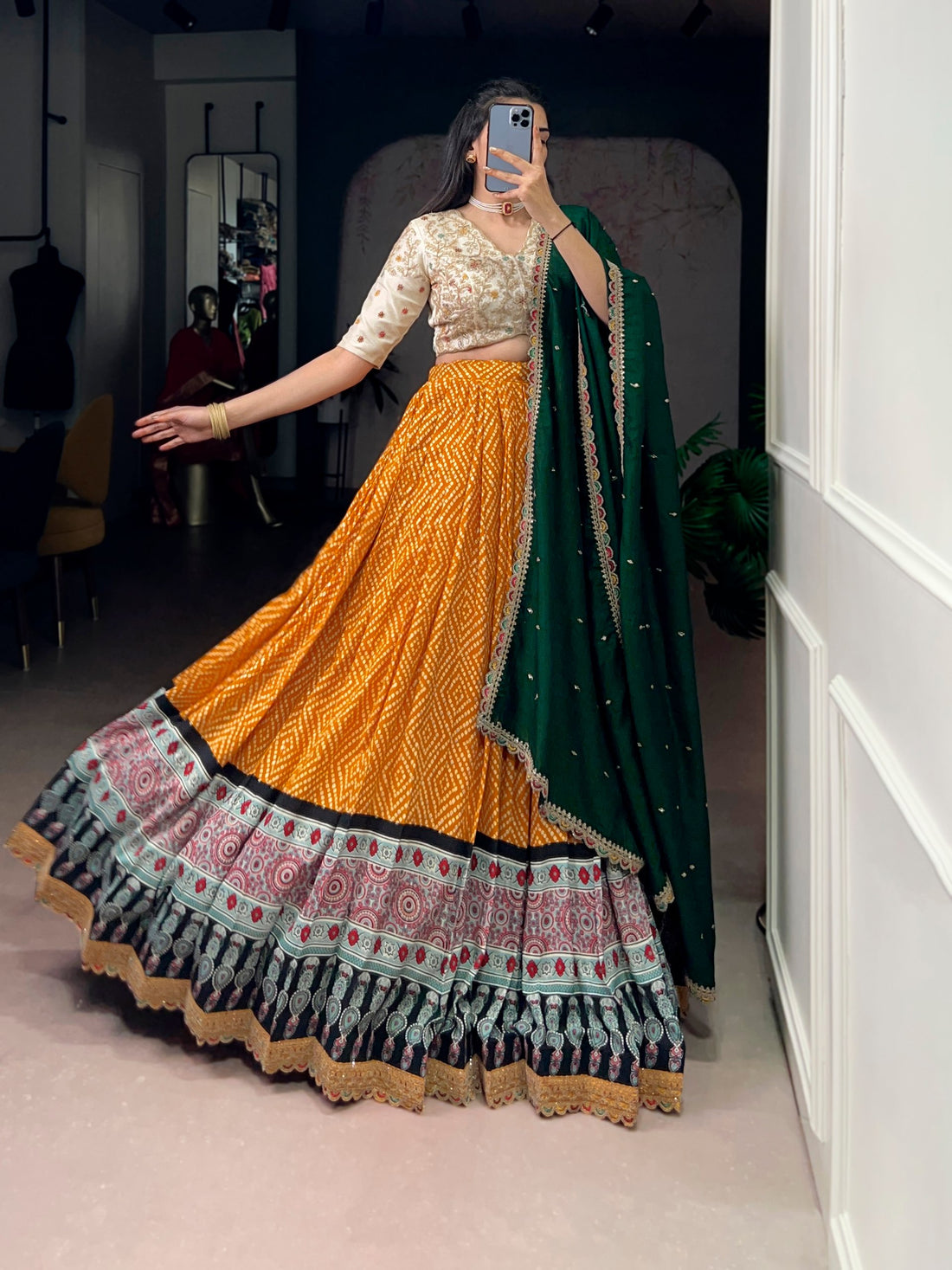 Yellow Pure Rayon Bandhej &amp; Ajarakh Print With Sequins Lehenga Choli 