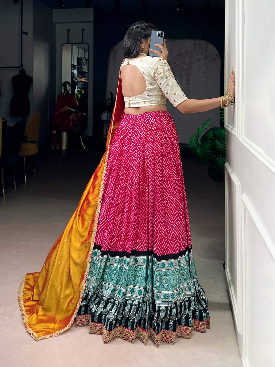 Pink Pure Rayon Bandhej &amp; Ajarakh Print With Sequins Lehenga Choli 