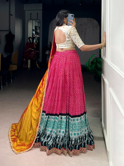 Pink Pure Rayon Bandhej &amp; Ajarakh Print With Sequins Lehenga Choli 