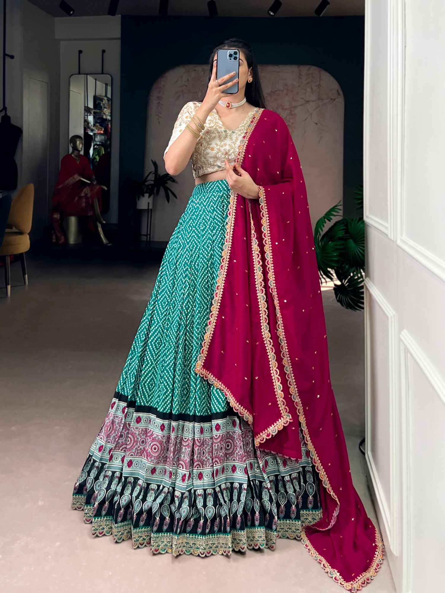 Green Pure Rayon Bandhej &amp; Ajarakh Print With Sequins Lehenga Choli 