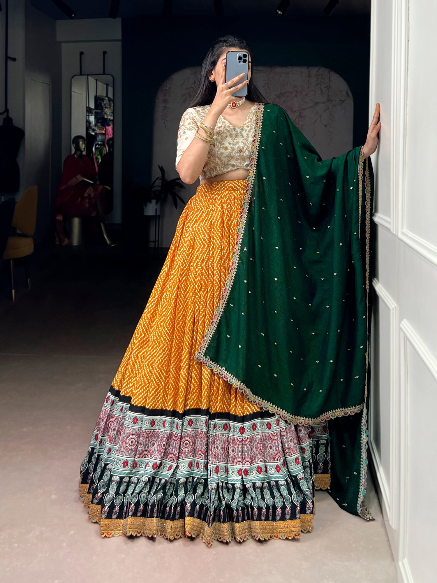 Yellow Pure Rayon Bandhej &amp; Ajarakh Print With Sequins Lehenga Choli 