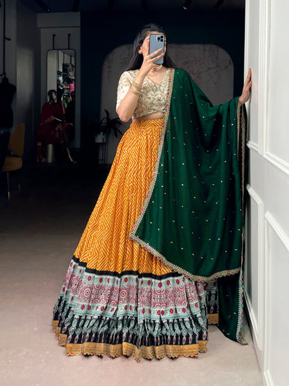 Yellow Pure Rayon Bandhej &amp; Ajarakh Print With Sequins Lehenga Choli 