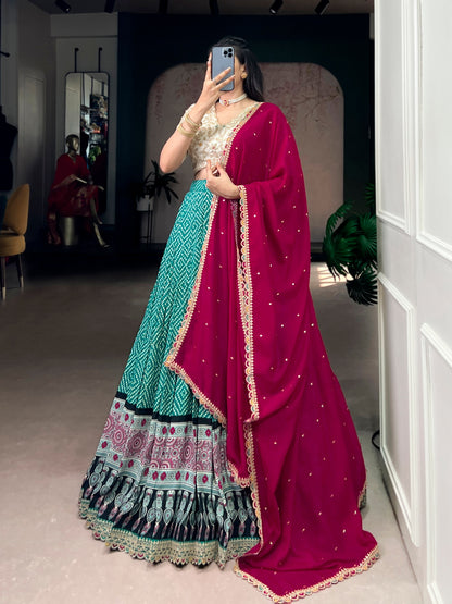 Green Pure Rayon Bandhej &amp; Ajarakh Print With Sequins Lehenga Choli 