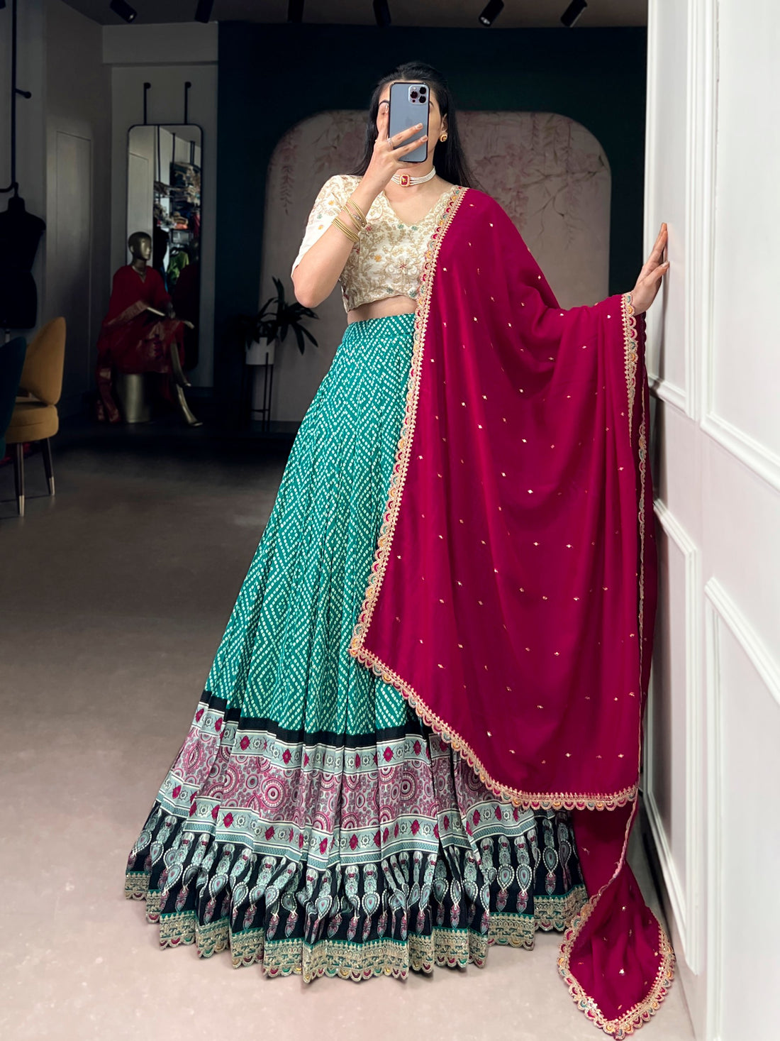 Green Pure Rayon Bandhej &amp; Ajarakh Print With Sequins Lehenga Choli 